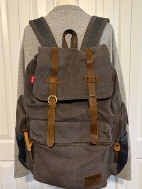 WOWBOX, Lightweight Canvas Backpack with Leather Accents - Brown